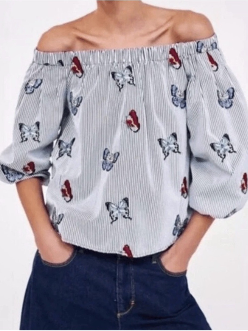 Zara Basics Embroidered Butterfly Off The Shoulder Size S